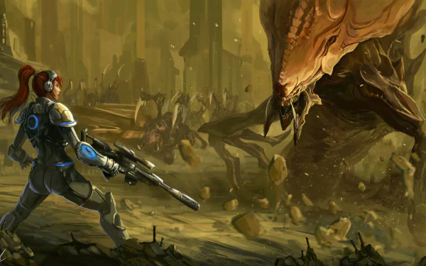 A fierce woman warrior, armed with a gun, confronts a menacing alien creature in a Sci-Fi landscape, inspired by Sarah Kerrigan from the Starcraft video game series.