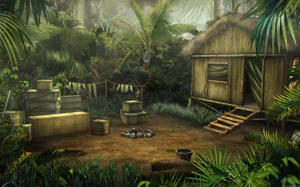 A detailed 4K Ultra HD PC desktop wallpaper featuring a lush jungle camp scene from the Archer TV show, with crates, a wooden hut, and dense tropical foliage.
