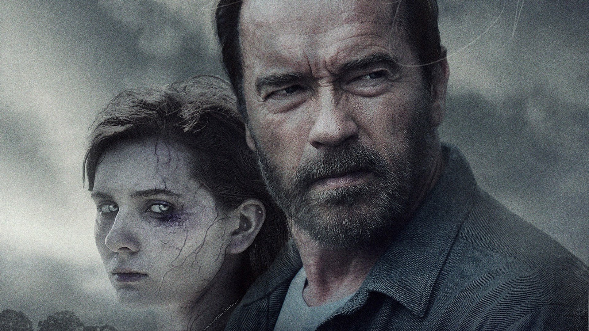 HD PC desktop wallpaper featuring Arnold Schwarzenegger and Abigail Breslin from the 2015 movie Maggie, set against a dark, moody background.