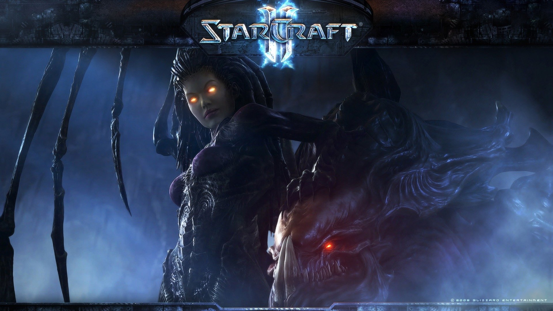 HD PC desktop wallpaper featuring Sarah Kerrigan from the video game Starcraft II: Wings of Liberty with a dark, ominous background and glowing eyes.