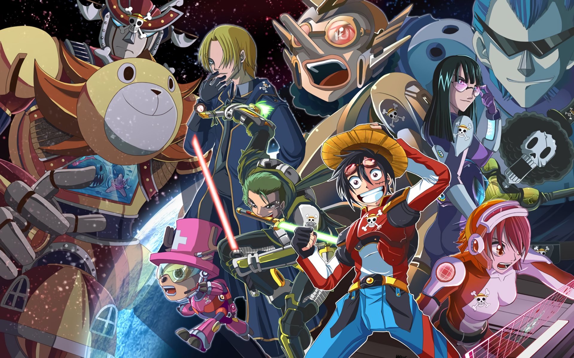 A vibrant HD desktop wallpaper featuring the One Piece characters Tony Tony Chopper, Nami, Brook, Franky, Nico Robin, Usopp, Monkey D. Luffy, Roronoa Zoro, and Sanji, set against a dynamic, colorful background.