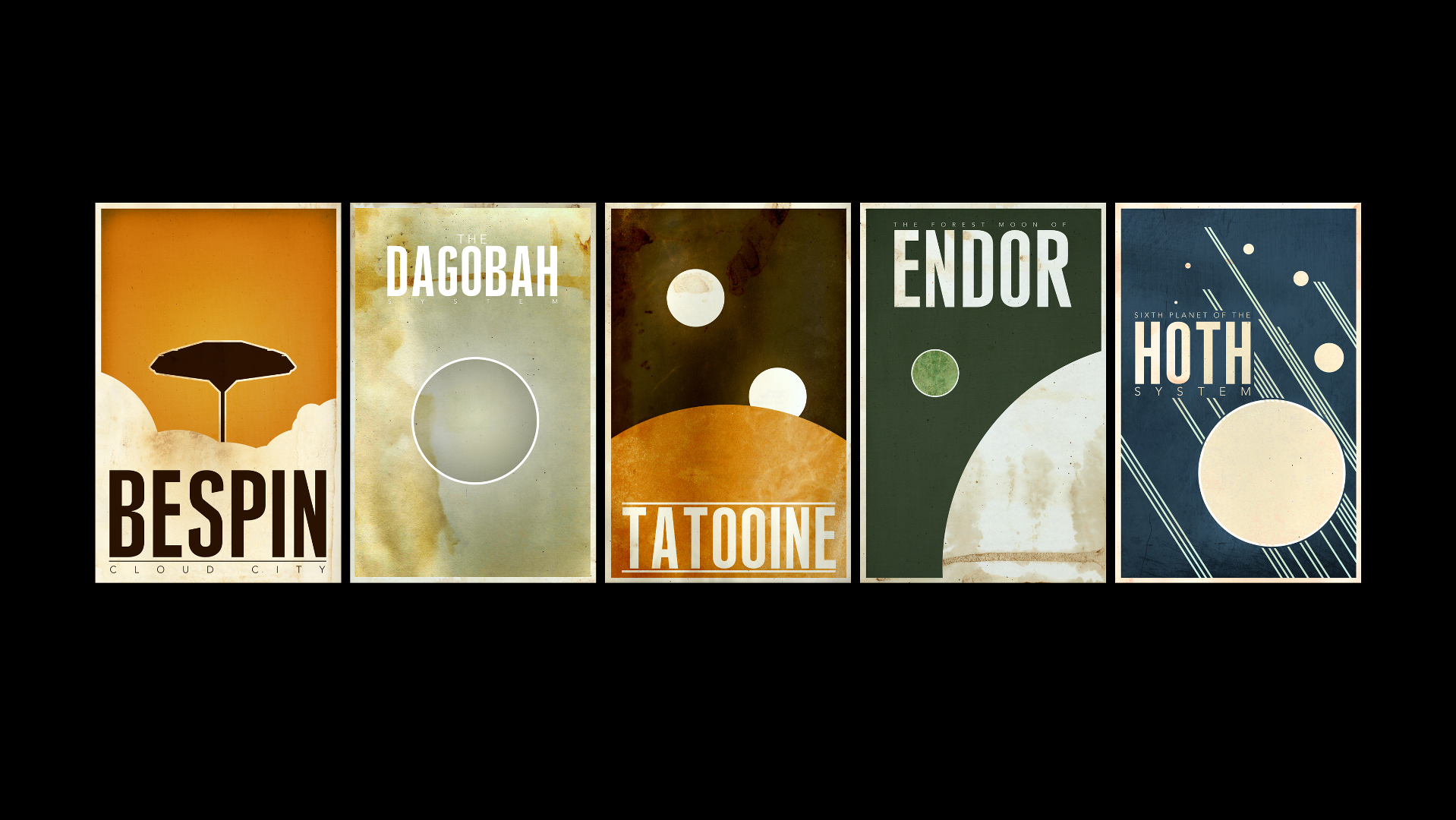 A vibrant HD desktop wallpaper showcasing iconic Star Wars planets: Bespin, Dagobah, Tatooine, Endor, and Hoth, each represented with distinct designs and colors.