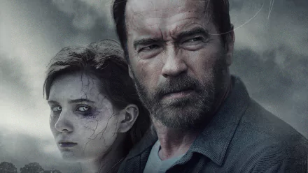 HD PC desktop wallpaper featuring Arnold Schwarzenegger and Abigail Breslin from the 2015 movie Maggie, set against a dark, moody background.