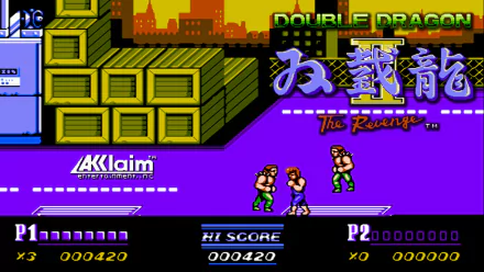 HD PC desktop wallpaper of the video game Double Dragon II: The Revenge — pixel-art street brawl with two fighters, stacked crates and a neon city skyline.