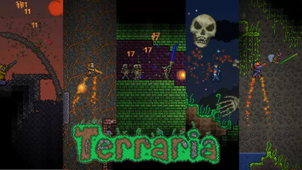 A vibrant HD PC desktop wallpaper featuring scenes from the video game Terraria, showcasing various gameplay elements and colorful graphics.