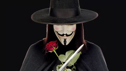 HD PC desktop wallpaper featuring the iconic masked character from the movie V for Vendetta holding a red rose and a dagger against a dark background.