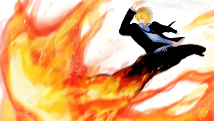 HD desktop wallpaper featuring Sanji from the anime One Piece, depicted in an action pose with flames surrounding him.