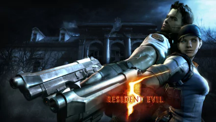 High-definition wallpaper featuring characters from the video game Resident Evil 5, showcasing a dramatic scene with dynamic poses and a haunting backdrop.
