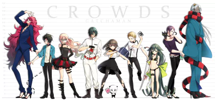 HD anime desktop wallpaper featuring the main cast of Gatchaman Crowds standing in a row with a minimalist white background and the title text above them.
