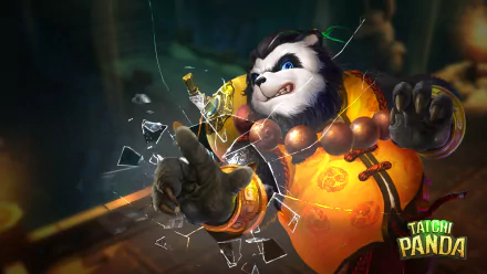 HD PC desktop wallpaper/background: Taichi Panda video game character — a powerful panda in orange robes with prayer beads shattering glass with a palm, glowing emblem and Taichi Panda logo.