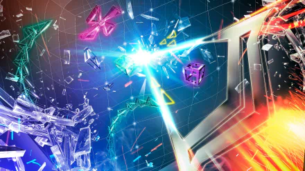 HD PC desktop wallpaper featuring vibrant, abstract shapes and neon colors from the video game Geometry Wars 3: Dimensions Evolved in an energetic, futuristic style.