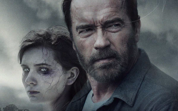 HD PC desktop wallpaper featuring Arnold Schwarzenegger and Abigail Breslin from the 2015 movie Maggie, set against a dark, moody background.