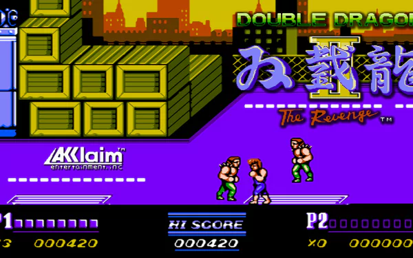 HD PC desktop wallpaper of the video game Double Dragon II: The Revenge — pixel-art street brawl with two fighters, stacked crates and a neon city skyline.