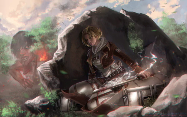 HD desktop wallpaper featuring Annie Leonhart from the anime Attack on Titan, depicted in a rocky terrain with her combat gear, with a Titan seen in the background.
