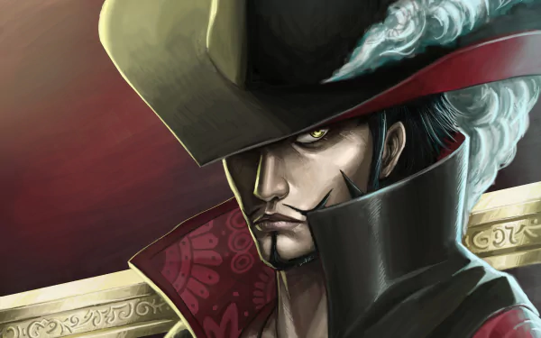 HD desktop wallpaper featuring Dracule Mihawk from the anime One Piece, showcasing his intense gaze, signature hat, and detailed sword, set against a rich, moody background.