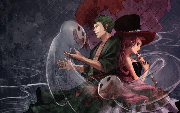 HD desktop wallpaper featuring Roronoa Zoro and Perona from the anime One Piece, with ghostly figures surrounding them in a dark, mystical setting.