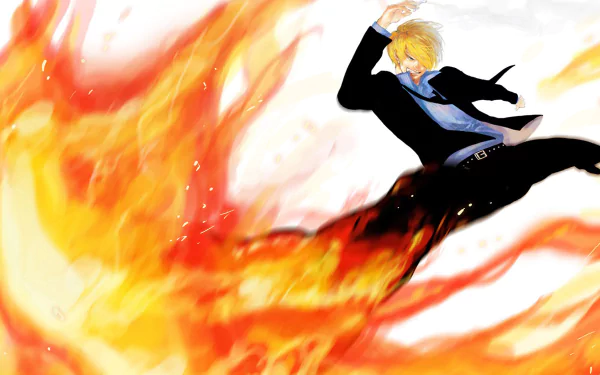 HD desktop wallpaper featuring Sanji from the anime One Piece, depicted in an action pose with flames surrounding him.
