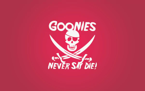 4K Ultra HD PC desktop wallpaper featuring The Goonies skull-and-crossed-swords logo and Goonies Never Say Die! on a red background.