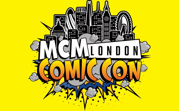 HD PC desktop wallpaper featuring bold MCM London Comic Con logo with comic-style cityscape and explosive graphic elements on a bright yellow background.