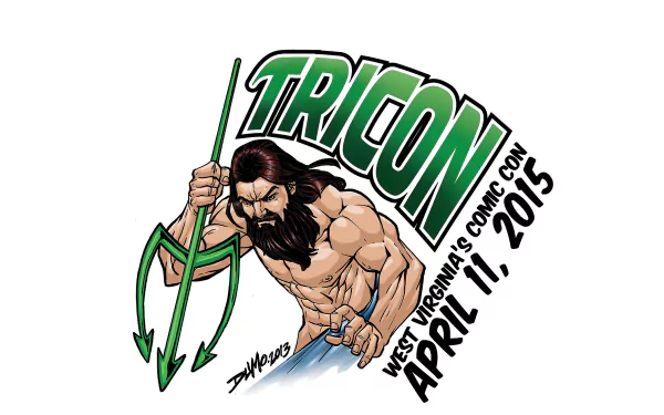 HD PC desktop wallpaper featuring a muscular comic character holding a trident, promoting TriCon at West Virginia's Comic Con, April 11, 2015.