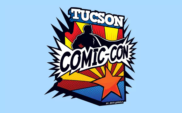 HD PC desktop wallpaper featuring a bold Tucson Comic-Con logo with a comic-style burst and star on a light blue background.