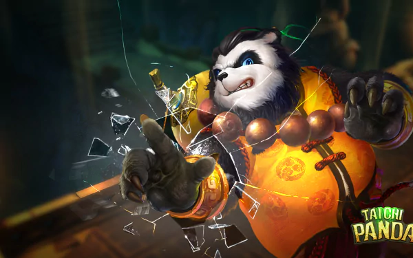 HD PC desktop wallpaper/background: Taichi Panda video game character — a powerful panda in orange robes with prayer beads shattering glass with a palm, glowing emblem and Taichi Panda logo.