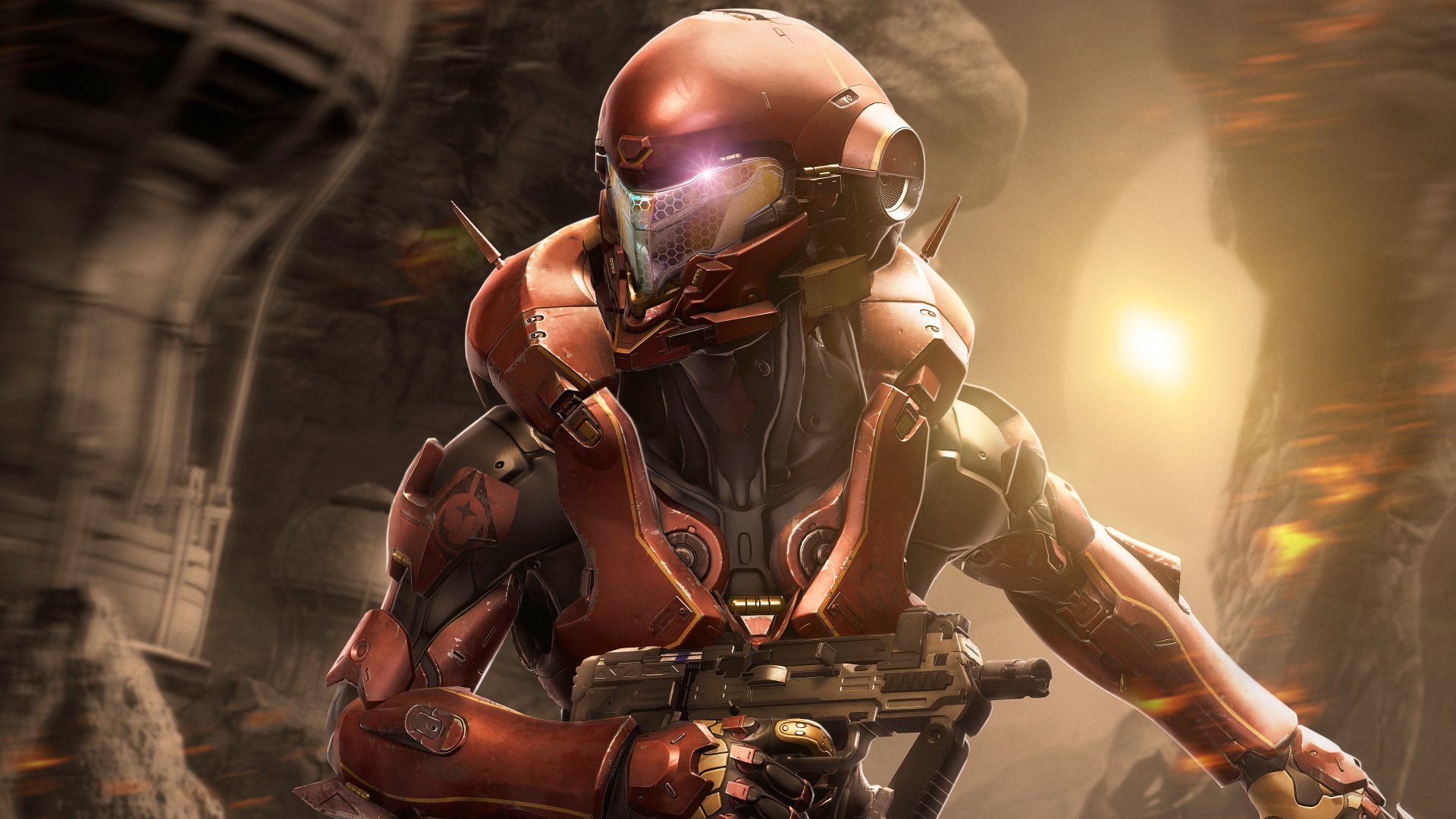 A striking HD desktop wallpaper from the video game Halo 5: Guardians, featuring a armored character poised for action in a dramatic, light-filled environment.