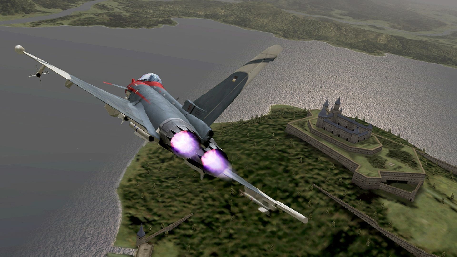 HD PC desktop wallpaper featuring a fighter jet flying over a coastal fortress from the video game Ace Combat Zero: The Belkan War.