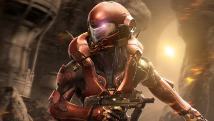 A striking HD desktop wallpaper from the video game Halo 5: Guardians, featuring a armored character poised for action in a dramatic, light-filled environment.