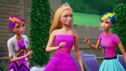 HD PC desktop wallpaper of three characters from the movie Barbie in Princess Power: a blonde princess in a pink gown flanked by two colorful-haired friends in a garden.