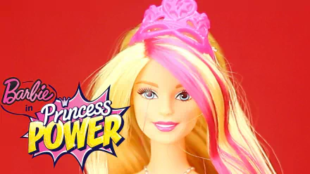 HD PC desktop wallpaper of Barbie from the movie Barbie in Princess Power: close-up of blonde-and-pink‑haired princess Barbie wearing a tiara against a red background with the film logo.