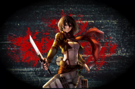 HD desktop wallpaper featuring Mikasa Ackerman from Attack on Titan. The anime character is depicted holding a large knife, with a dynamic background and her iconic red scarf blowing in the wind.