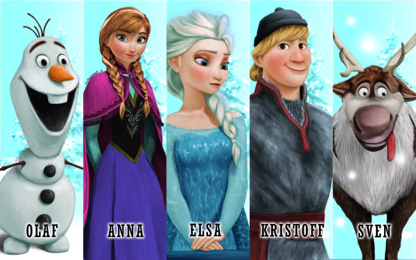 HD PC desktop wallpaper and background from Frozen Fever: five vertical panels showing Olaf, Anna, Elsa, Kristoff and Sven on an icy turquoise backdrop, each named.