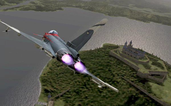 HD PC desktop wallpaper featuring a fighter jet flying over a coastal fortress from the video game Ace Combat Zero: The Belkan War.