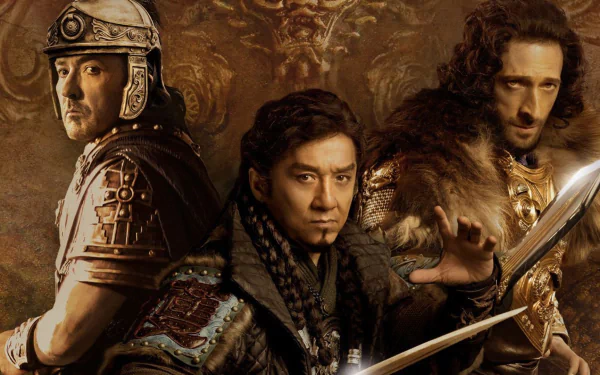 HD PC desktop wallpaper: movie poster for Dragon Blade showing three armored warriors — a Roman legionary, a plated commander, and a fur-clad swordsman against a bronze backdrop.