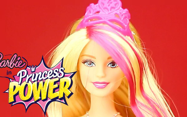 HD PC desktop wallpaper of Barbie from the movie Barbie in Princess Power: close-up of blonde-and-pink‑haired princess Barbie wearing a tiara against a red background with the film logo.