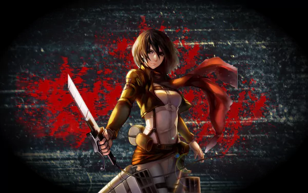 HD desktop wallpaper featuring Mikasa Ackerman from Attack on Titan. The anime character is depicted holding a large knife, with a dynamic background and her iconic red scarf blowing in the wind.