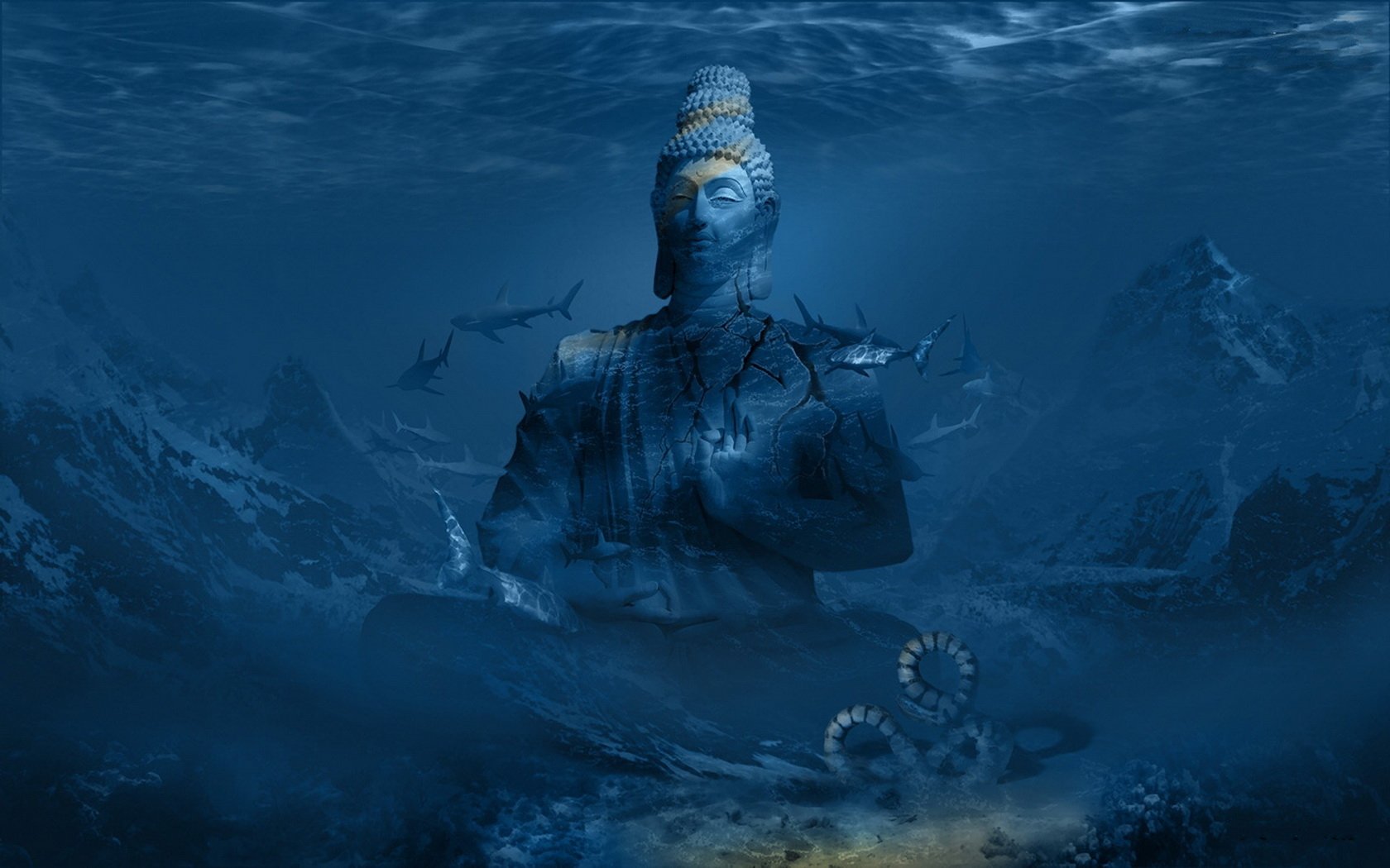 HD PC desktop wallpaper showcasing a surreal underwater scene with a giant statue, sharks swimming around, and an octopus on the ocean floor, blending photography and digital manipulation.