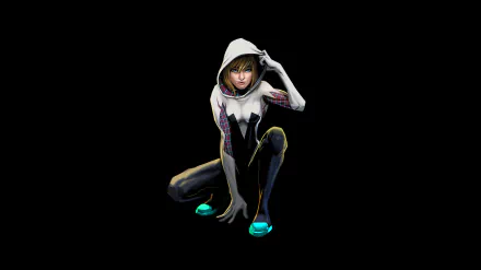 A vibrant 4K Ultra HD desktop wallpaper featuring Spider-Gwen, depicted in a dynamic pose with her signature hoodie and unique style against a black background.