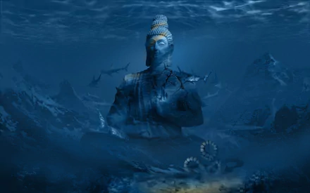 HD PC desktop wallpaper showcasing a surreal underwater scene with a giant statue, sharks swimming around, and an octopus on the ocean floor, blending photography and digital manipulation.