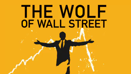 A bold HD desktop wallpaper featuring The Wolf of Wall Street title and a silhouetted figure with arms outstretched against a vibrant yellow background, embodying ambition and success.