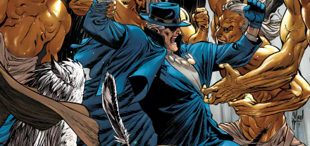 HD PC desktop wallpaper featuring the Phantom Stranger from a comic scene, surrounded by characters in an intense confrontation.