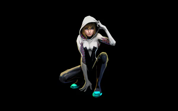 A vibrant 4K Ultra HD desktop wallpaper featuring Spider-Gwen, depicted in a dynamic pose with her signature hoodie and unique style against a black background.