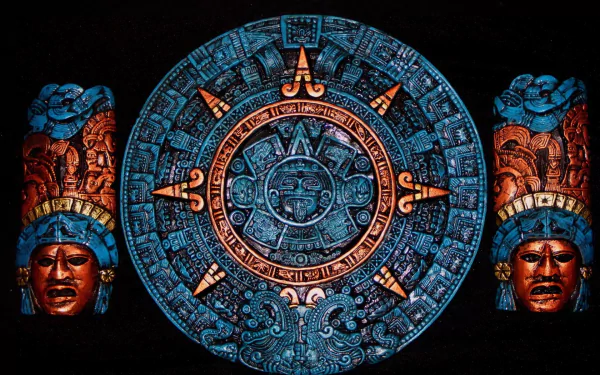 Artistic Aztec-themed HD desktop wallpaper featuring a detailed blue and orange Aztec calendar flanked by two intricately designed tribal faces on a black background.