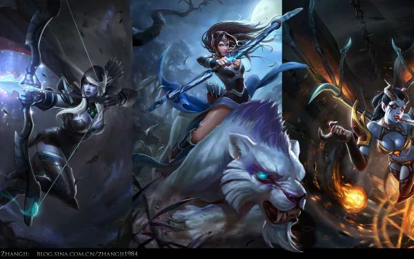An HD desktop wallpaper featuring characters from DotA 2: Queen of Pain, Mirana, and Drow Ranger, showcasing their powerful designs and vivid colors in an epic gaming setting.