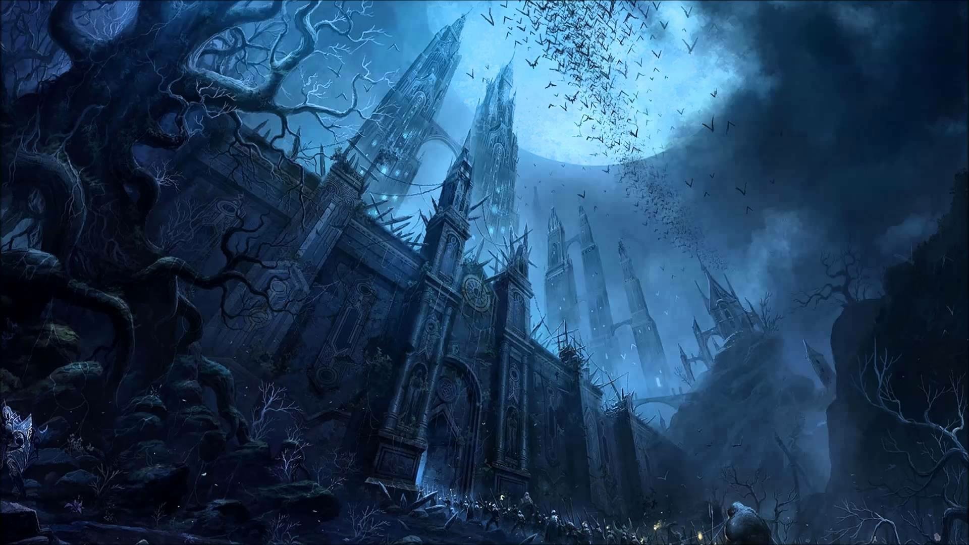A dark, atmospheric fantasy landscape featuring a haunting castle surrounded by twisted trees and a large moon, creating a captivating HD desktop wallpaper backdrop.