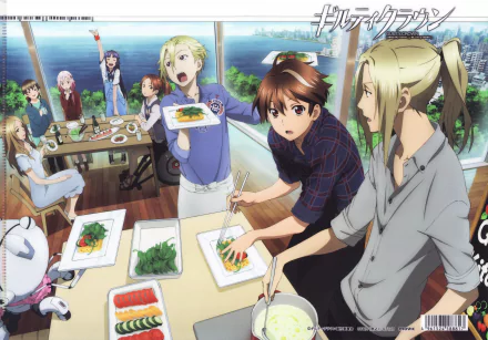 A vibrant HD desktop wallpaper from the anime Guilty Crown, showcasing characters enjoying a meal together in a sunny setting with scenic views in the background. 