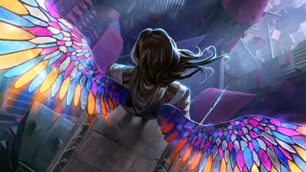 HD desktop wallpaper depicting a fantasy scene with a vibrant angel, viewed from above, spreading colorful wings amidst an abstract cityscape.