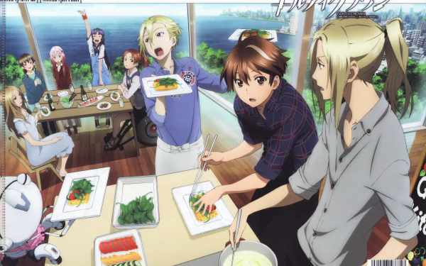 A vibrant HD desktop wallpaper from the anime Guilty Crown, showcasing characters enjoying a meal together in a sunny setting with scenic views in the background. 