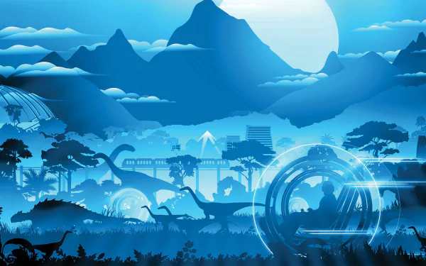 A stunning HD wallpaper from Jurassic World, showcasing a vibrant blue landscape with dinosaurs, mountains, and a futuristic setting under a glowing moon.